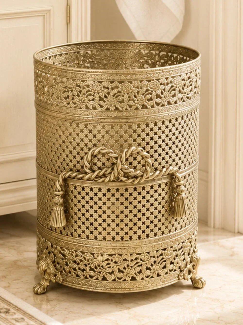Rare Vintage Filigree Ornate Waste Basket Cover Hollywood Regency Style